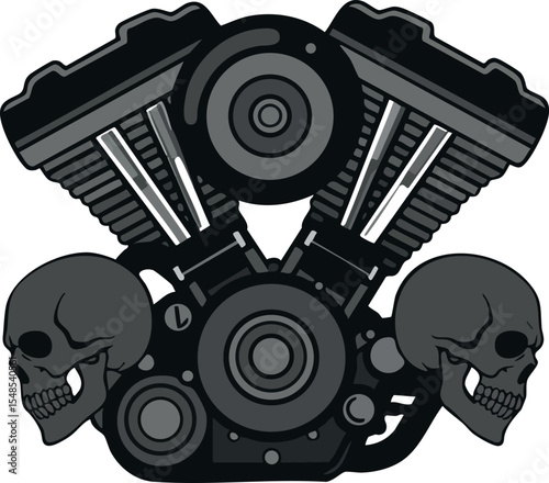 Motorcycle engine with skulls dark vector illustration design for biker culture and mechanics 