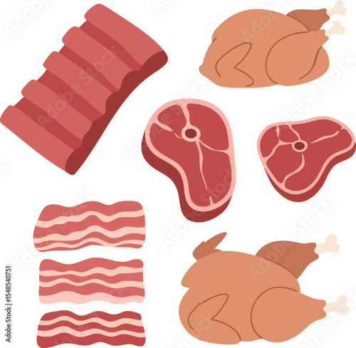 Various raw meat cuts including ribs bacon steaks and whole chicken pieces vector illustration 