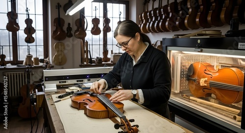 Violin repair shop woman repairing violin string instrument luthier workshop musical instrument restoration