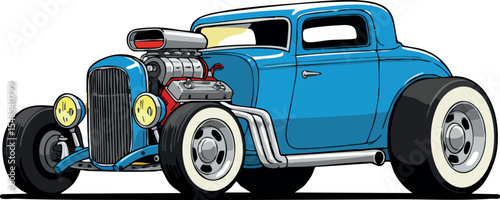 Classic blue hot rod car with exposed engine vector illustration for automotive design 
