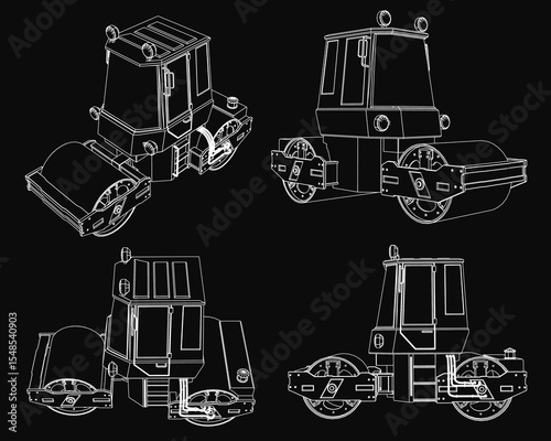 Four detailed black and white road rollers for asphalt paving, each with unique shapes and designs. Features include textured wheels, sturdy handlebars, and visible engine components.