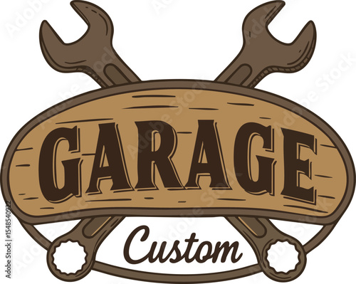 Garage Custom Service Logo with Crossed Wrenches and Wooden Sign Emblem 