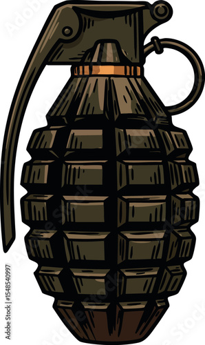 Hand grenade illustration with detailed shading and dark brown colors vector artwork 