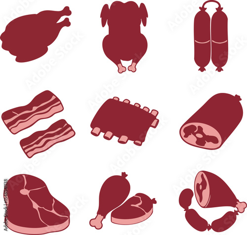 Various Meat Cuts Vector Illustration with Bacon Sausage Ribs and Ham Icons 