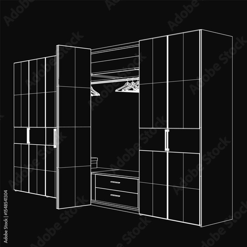 Black and white wardrobe blueprint with detailed drawers, hangers, and storage compartments, showcasing functional closet design. The technical drawing highlights precise measurements and layout