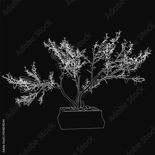 A decorative tree sketched in black and white, featuring detailed branches and leaves, placed in a simple pot against a dark background. The minimalist, artistic style highlights the plant's elegant.