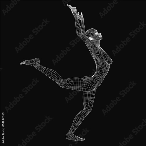 A graceful ballerina in a leotard strikes a poised dance stance with arms and legs elegantly extended. Her detailed facial features show serenity, eyes closed and lips slightly parted, while her hair.