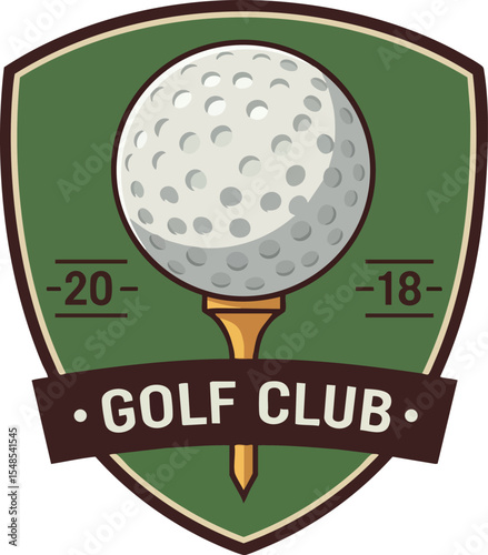 Golf ball on tee emblem with golf club text and year 2018 vector design