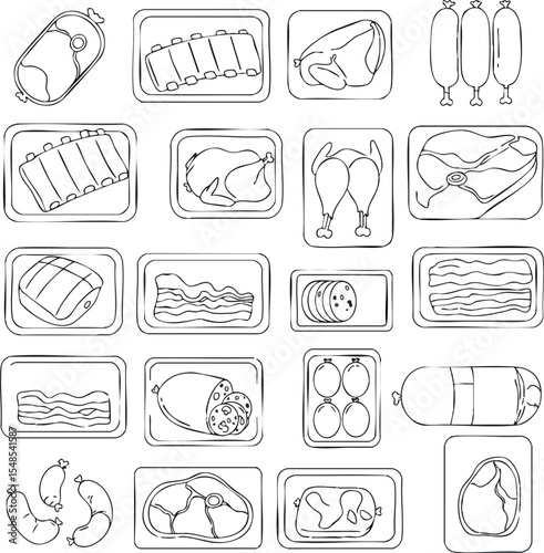 Various packaged meat cuts and sausages line art vector illustration for food industry design 