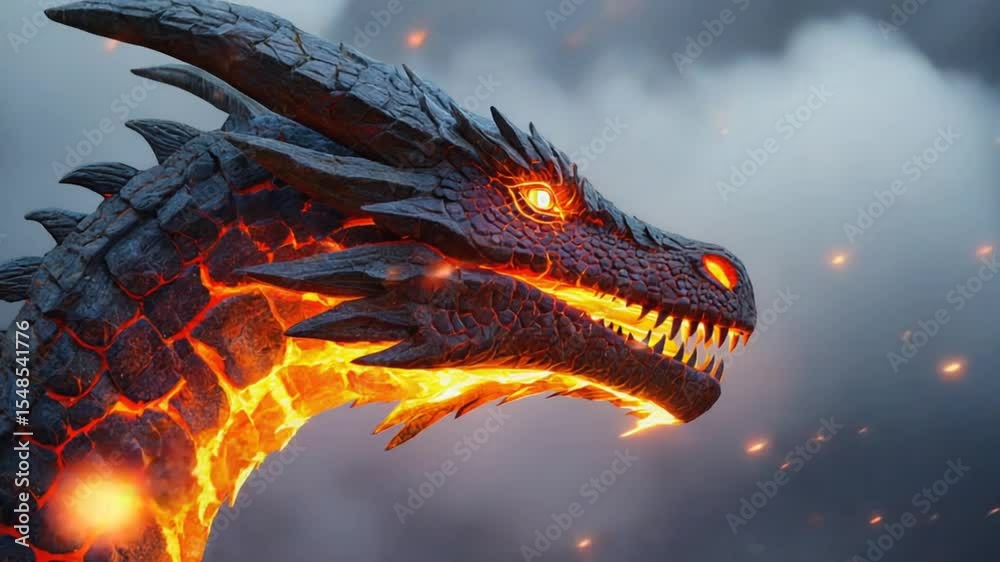 Fire Dragon Head with Lava Details Against Smoky Sky Fire Dragon Head with Lava Details Against Smoky Sky