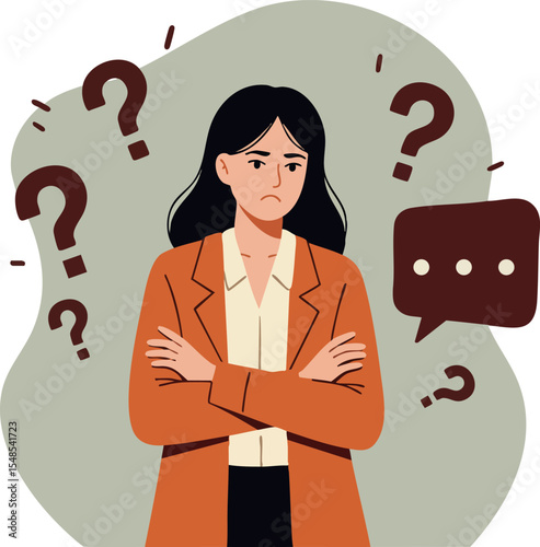 Woman in orange jacket with crossed arms surrounded by question marks vector illustration 
