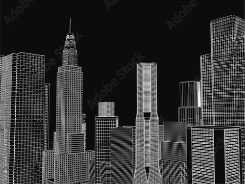 Black and white city skyline with towering skyscrapers under a dark, moody atmosphere, showcasing urban architecture and modern metropolis vibes. The detailed illustration highlights the contrast.