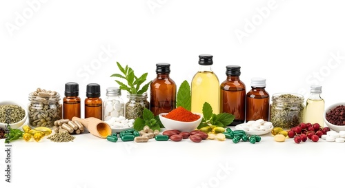  Various herbal remedies, pills, and medications displayed on a white background with copy space image available for text or graphics.