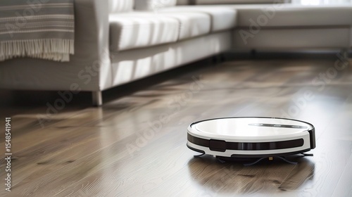 Close-up of a cleaning robot vacuuming a wooden floor in a modern living room, showcasing AI-powered sensors, autonomous navigation, and automated cleaning cycles for daily household maintenance
