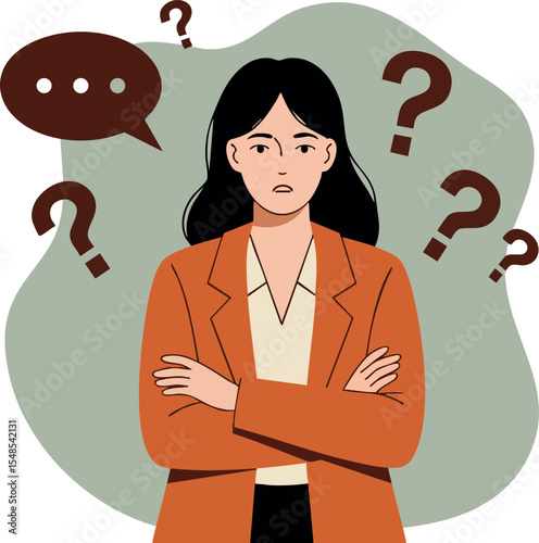 Confused woman in orange blazer with question marks vector illustration 
