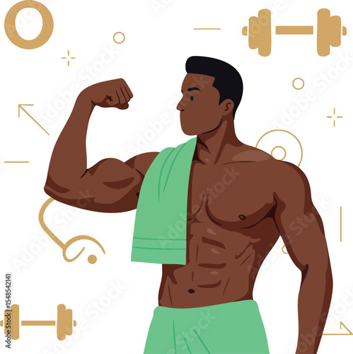 Muscular man flexing biceps with green towel gym fitness illustration vector 