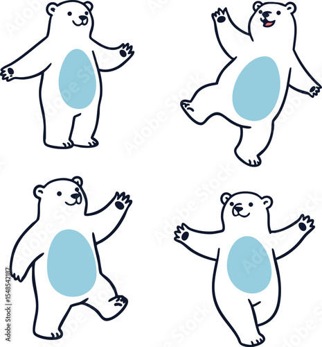 Dancing polar bears with light blue bellies in playful poses vector illustration 