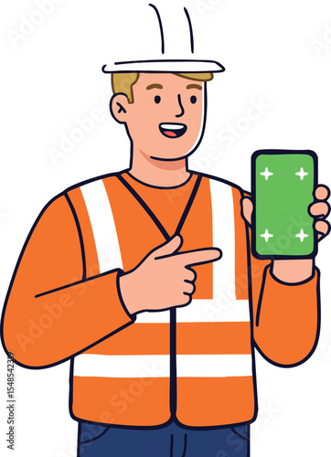 Construction Worker Wearing Safety Vest Showing Green Screen Phone Vector Illustration 