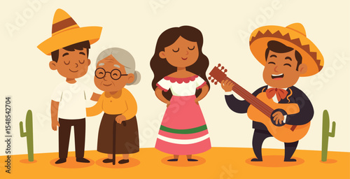 set of mexican characters with traditional costume, happy family reunited