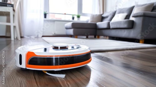 Close-up of a cleaning robot vacuuming a wooden floor in a modern living room, showcasing AI-powered sensors, autonomous navigation, and automated cleaning cycles for daily household maintenance