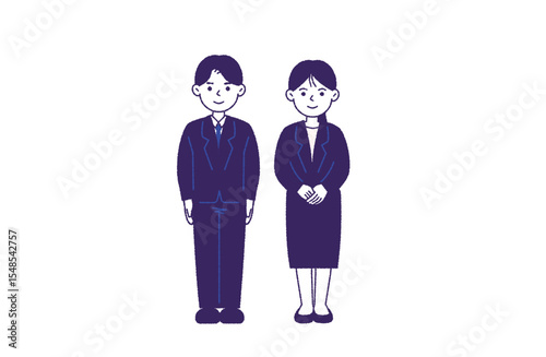 正面向きで立つスーツの男女