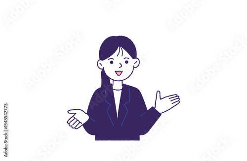 笑顔で説明・紹介するスーツの女性