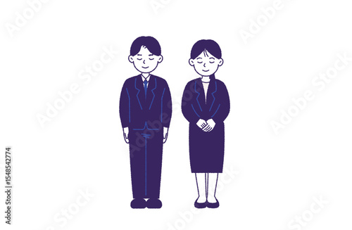 正面向きでお辞儀をするスーツの男女