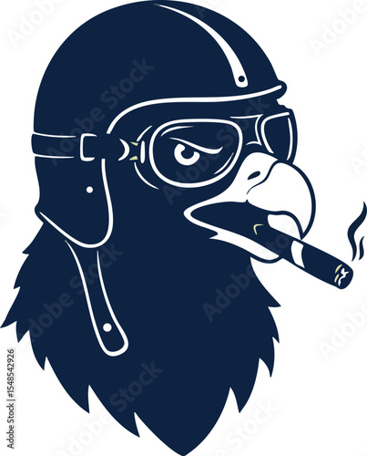Eagle head with pilot helmet and cigar in monochrome vector illustration 
