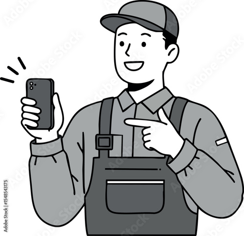 Male worker in uniform holding smartphone smiling and pointing vector illustration 