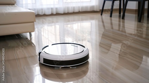 Close-up of a cleaning robot vacuuming a wooden floor in a modern living room, showcasing AI-powered sensors, autonomous navigation, and automated cleaning cycles for daily household maintenance