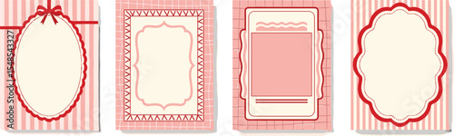 Vintage hand drawn frames with whimsical lines, bows, ribbons. Cute pink red minimalist line art borders. 