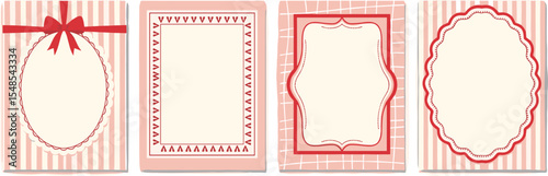 Vintage hand drawn frames with whimsical lines, bows, ribbons. Cute pink red minimalist line art borders. 