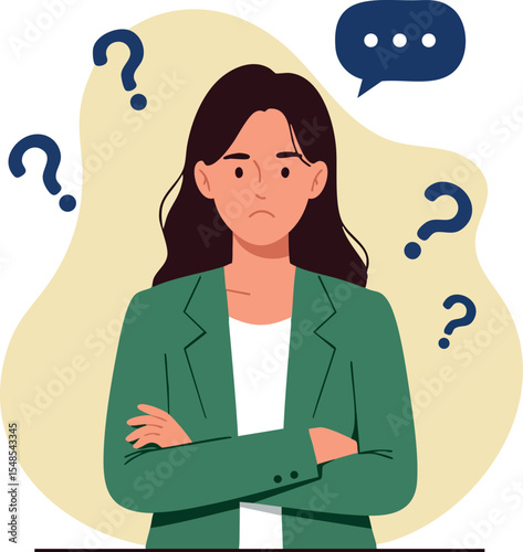 Confused businesswoman with crossed arms and question marks vector illustration 