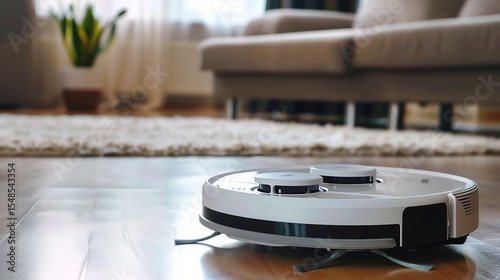 Close-up of a cleaning robot vacuuming a wooden floor in a modern living room, showcasing AI-powered sensors, autonomous navigation, and automated cleaning cycles for daily household maintenance