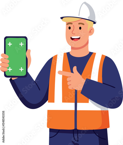 Construction worker wearing safety vest showing smartphone with green screen vector illustration 