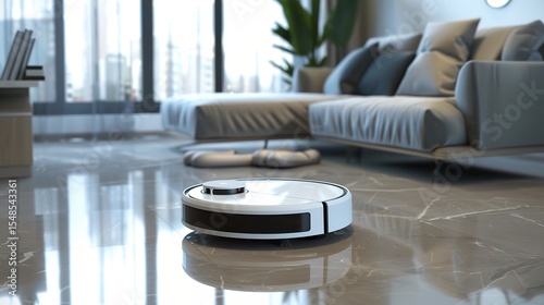 Close-up of a cleaning robot vacuuming a wooden floor in a modern living room, showcasing AI-powered sensors, autonomous navigation, and automated cleaning cycles for daily household maintenance