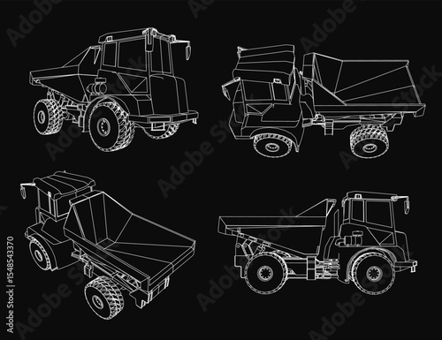 Four detailed dump trucks in various shapes and sizes stand out against a black background. Each truck features unique designs and bright colors, creating a striking contrast.