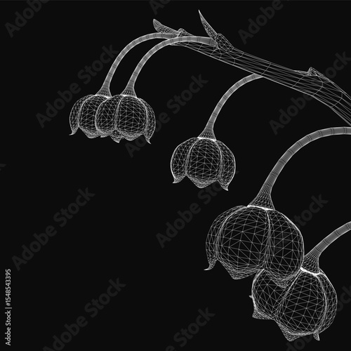 Lily of the valley 3D model features delicate white petals and green stems in a realistic style, highlighted against a sleek black background. The vibrant colors and intricate details create an.