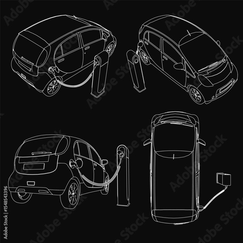 Four sleek electric cars showcased on a black background, arranged in a grid layout. Each vehicle features distinct designs, including unique headlights, grilles, and wheel styles.
