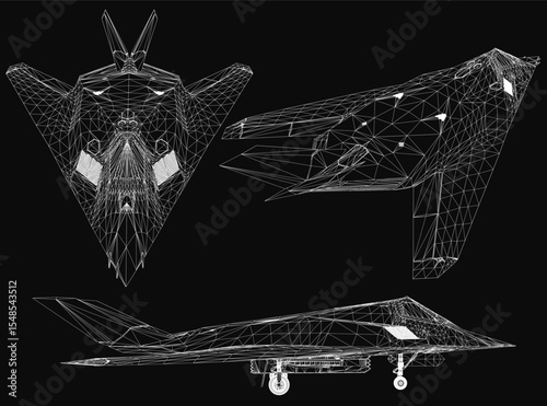 Fighter jet wireframe model in 3D, showcasing sleek aerodynamic design on a black background. The detailed mesh structure highlights advanced engineering and futuristic aesthetics.