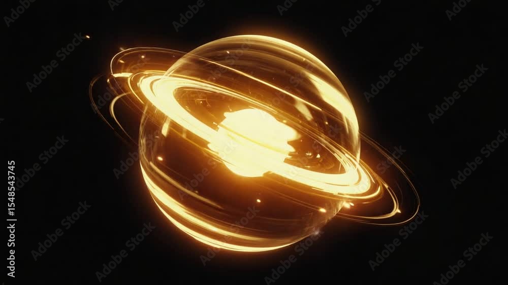 Orbiting Abstract Glowing Shape With Rings Against Black Background