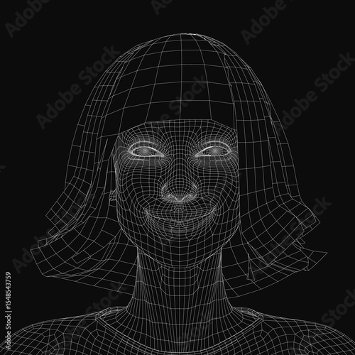 A 3D model of a woman's face with a delicate veil covering her head, set against a sleek black background. The detailed rendering highlights soft facial features and elegant fabric folds.