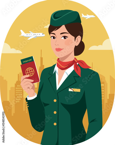 Female flight attendant holding passport with city skyline and airplanes background vector illustration 