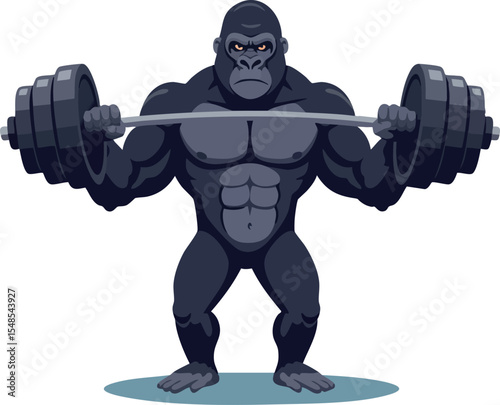 Strong gorilla lifting heavy barbell weight in fitness training vector illustration 