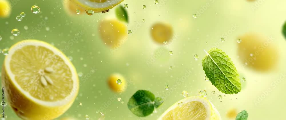 Anamorphic video Fresh lemon slices, green mint leaves floating against a light lime and few dewdrops 