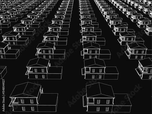 A row of black and white houses stands neatly on a dark background, each featuring distinct windows, doors, and sloped roofs. The clean illustration highlights architectural details with sharp.