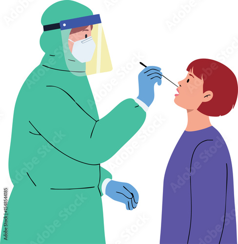 Medical worker in protective suit conducting nasal swab test on patient vector illustration 