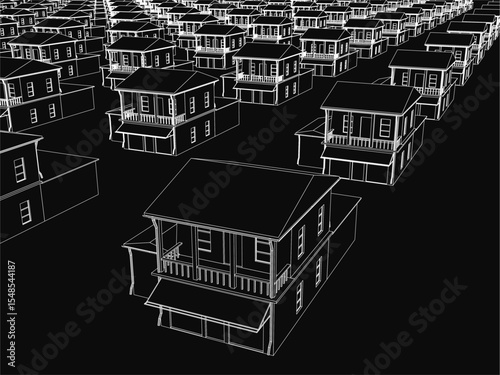 A row of 3D model houses with unique designs stands neatly on a black background. The stark contrast highlights the white structures, emphasizing their architectural details.