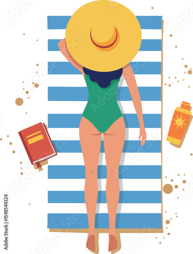 Woman sunbathing on blue striped towel with hat and sunscreen illustration vector 
