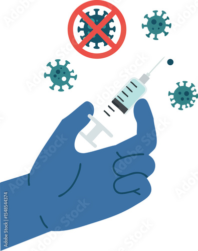 Medical hand holding syringe with virus particles and no virus symbol vector illustration 